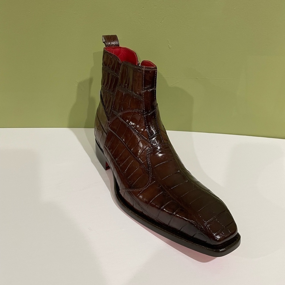 Fennix italy boot brown alligator side zipper classy fashionable red bottle sole